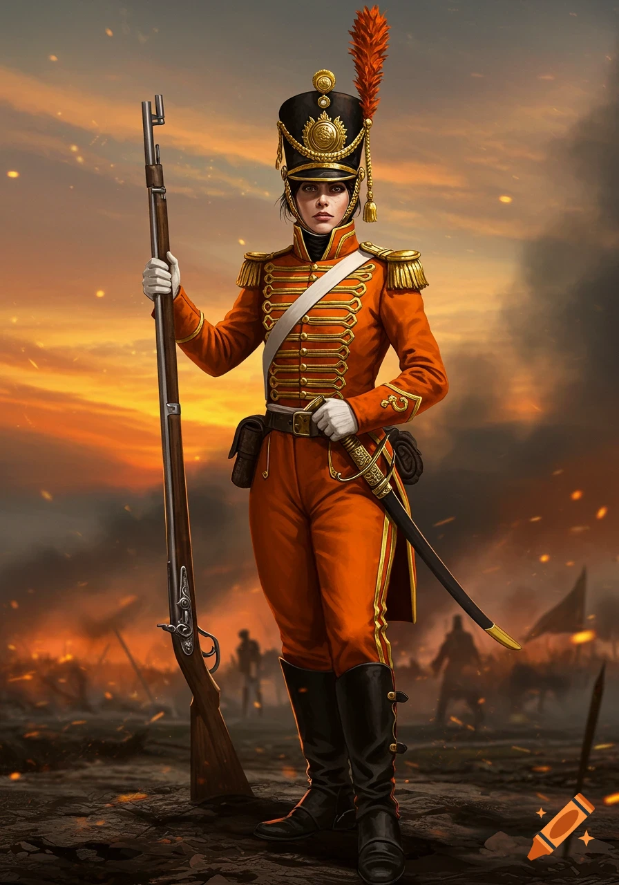 A female Napoleonic hussar in a detailed orange uniform holding a musket on a battlefield at sunset.