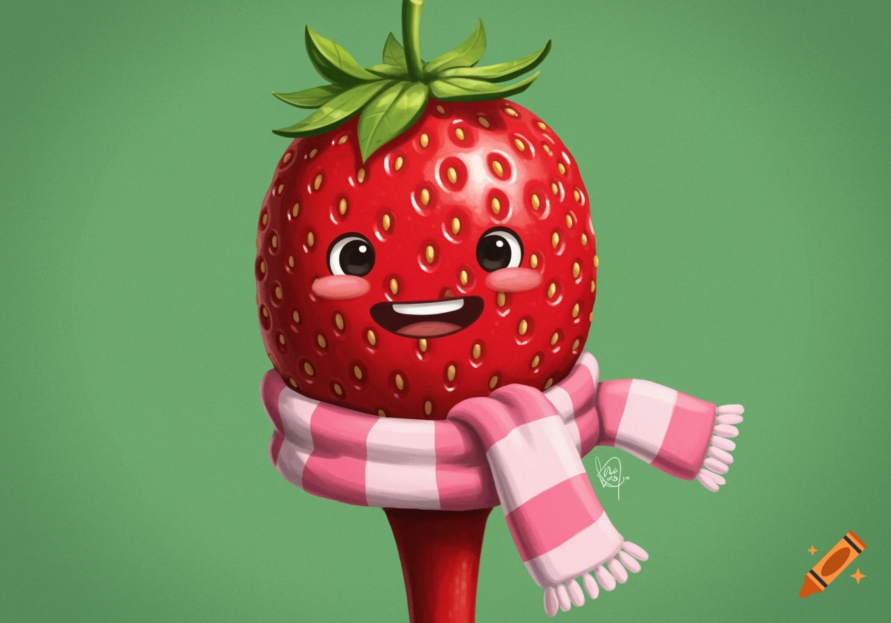 A happy cartoon strawberry wearing a pink and white striped scarf, with a red stem body, against a green background.