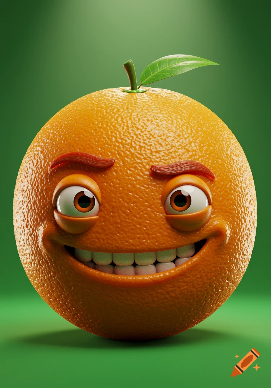 An anthropomorphic orange with a happy, wide smile and thick eyebrows, set against a green background.