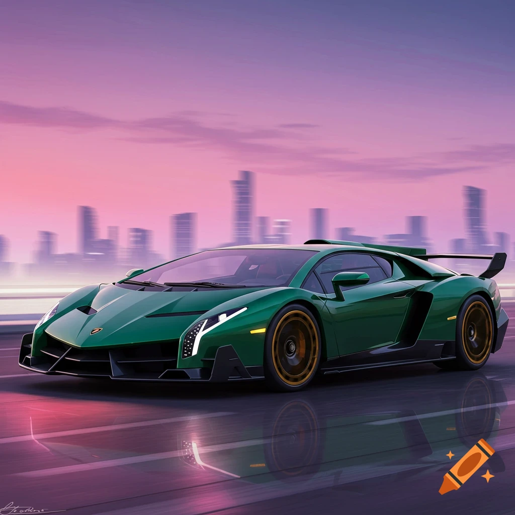 Green Lamborghini Veneno sports car on a wet road with a blurred city skyline under a pink and purple sunset sky, photorealistic.