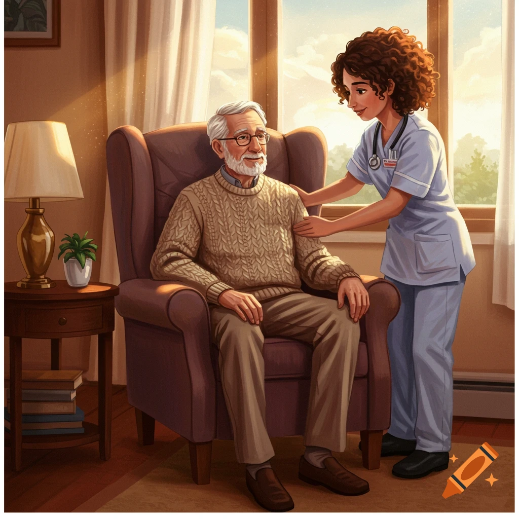 A smiling woman in a nurse's uniform tends to an elderly man seated in an armchair in a sunlit room.