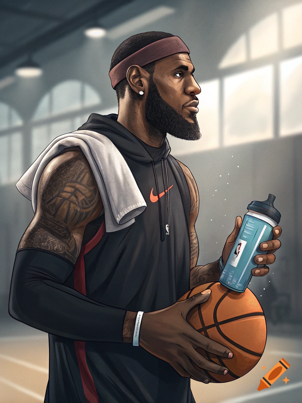 Stylized illustration of LeBron James holding a basketball and a water bottle on a court.