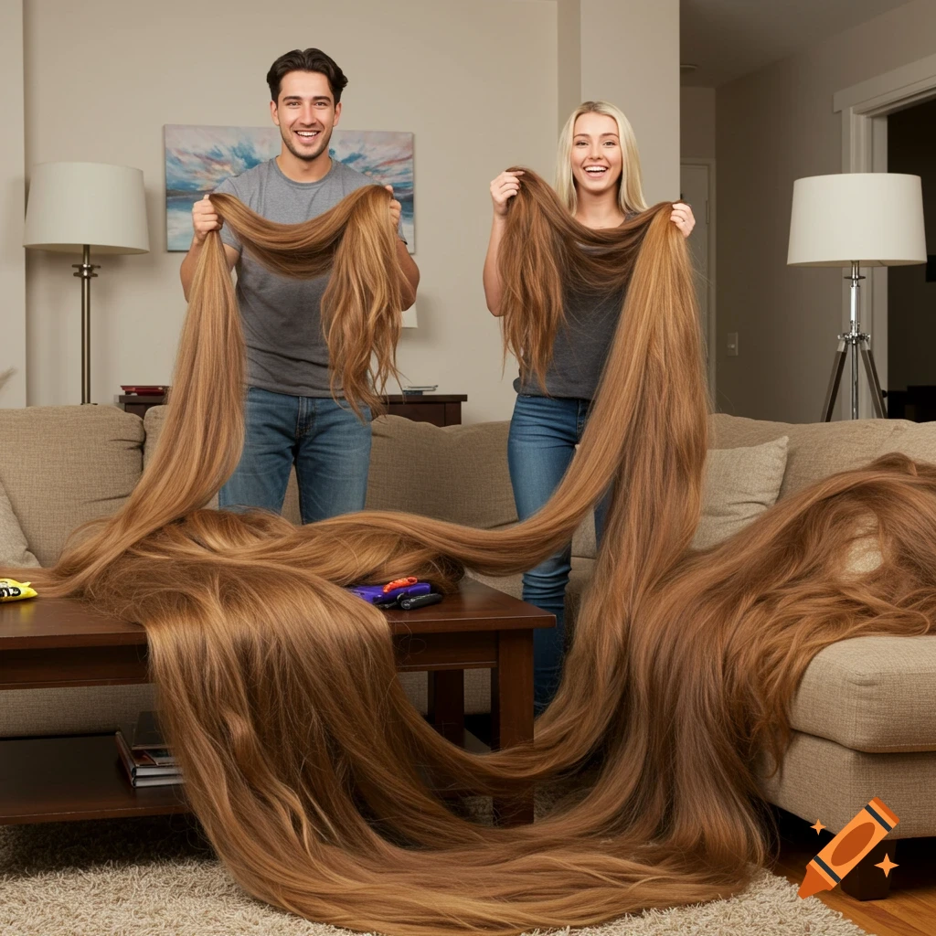 A smiling man and woman in a living room hold enormous amounts of very long, brown hair that covers the couch and coffee table.