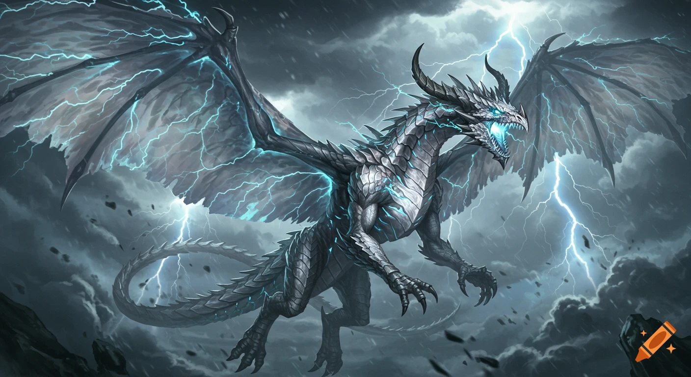 A colossal silver and blue storm dragon with glowing lightning veins flies through dark thunderclouds with bolts of lightning.