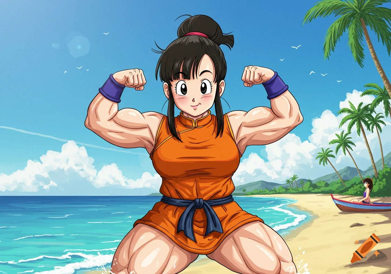 An anime character resembling Chi-Chi from Dragon Ball Z, with greatly exaggerated muscles, flexes on a sunny beach.