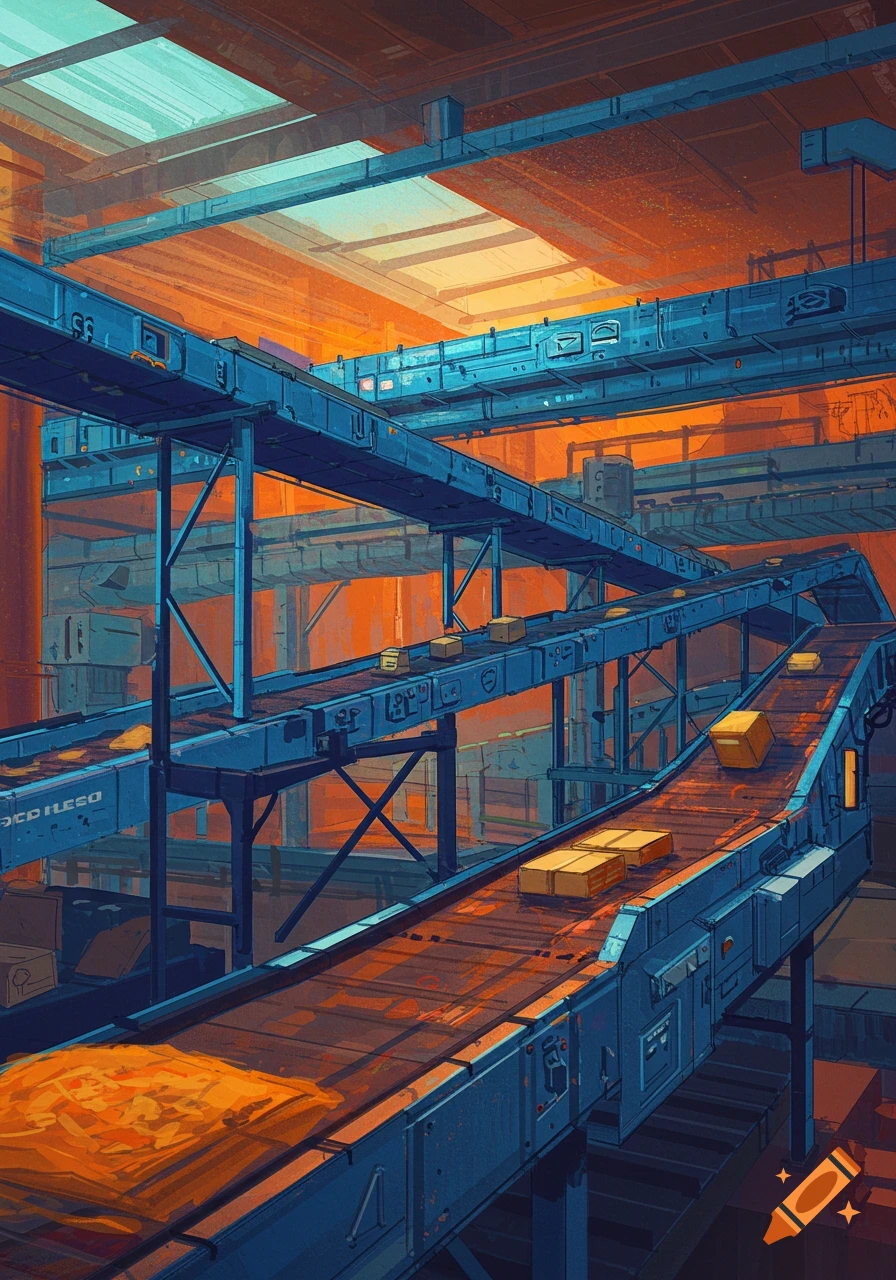 Stylized view of blue conveyor belts carrying yellow packages through an orange-lit industrial warehouse.