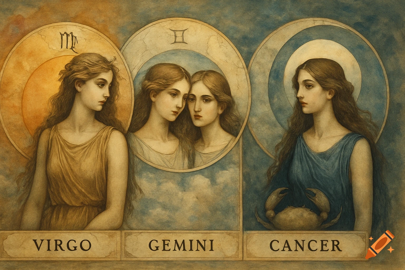 Classical art painting of three women depicting the Virgo, Gemini, and Cancer zodiac signs with their symbols and names.