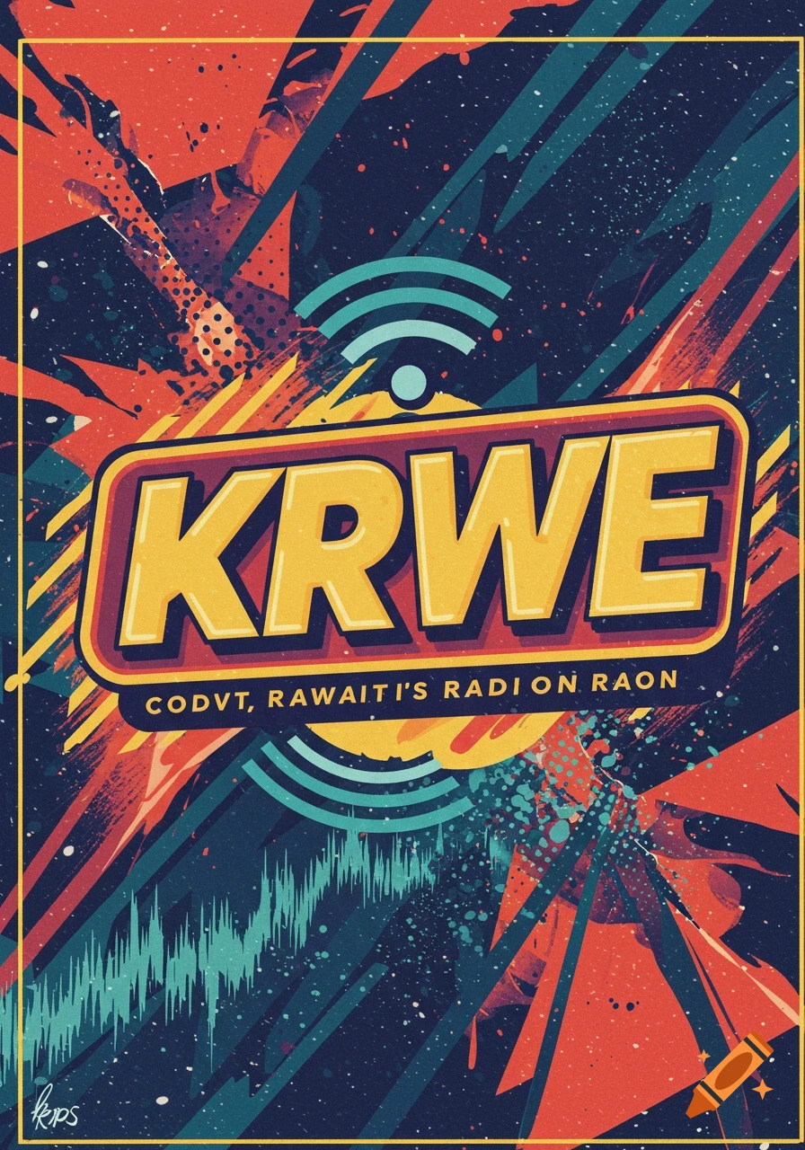A retro-style graphic design poster for KRWE radio station with a WiFi symbol, sound waves, and abstract shapes in red, yellow, blue, and black.