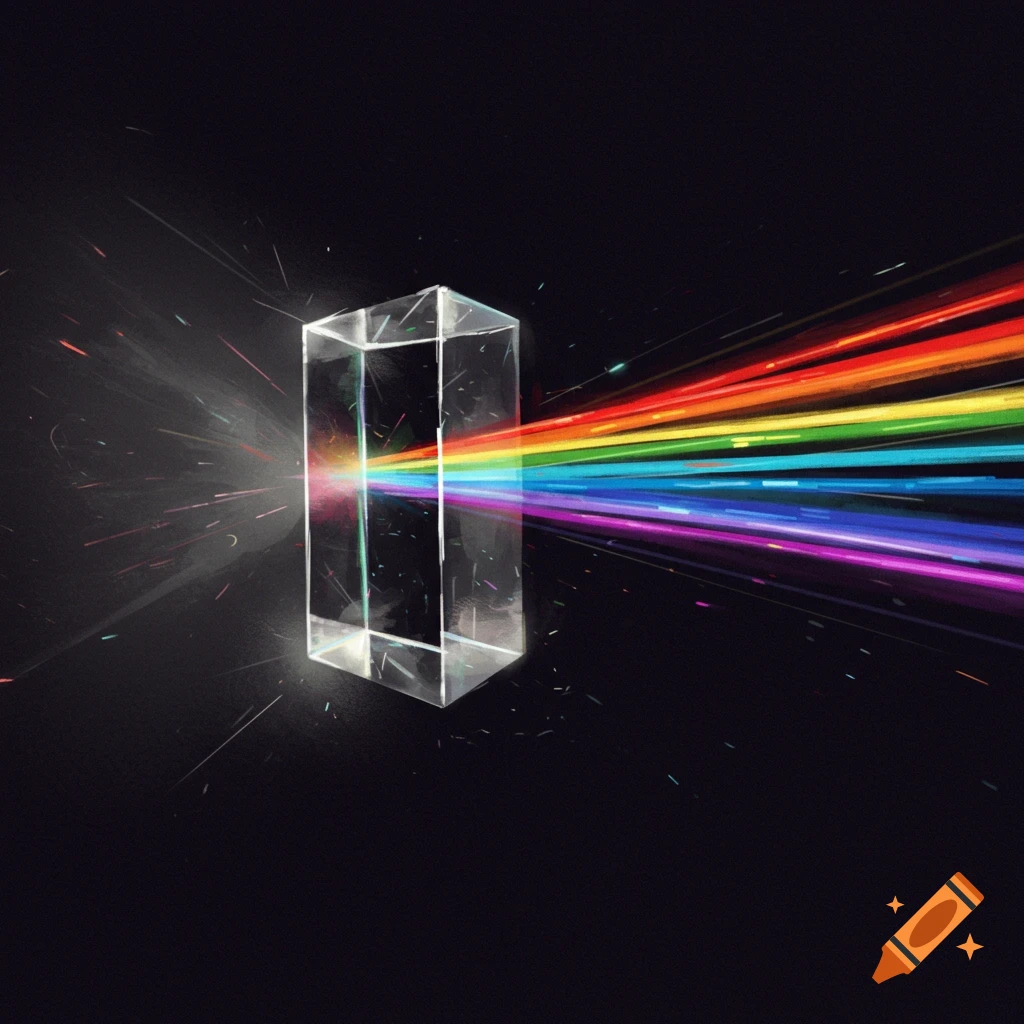 A transparent rectangular prism splitting a beam of white light into a rainbow spectrum on a dark background.