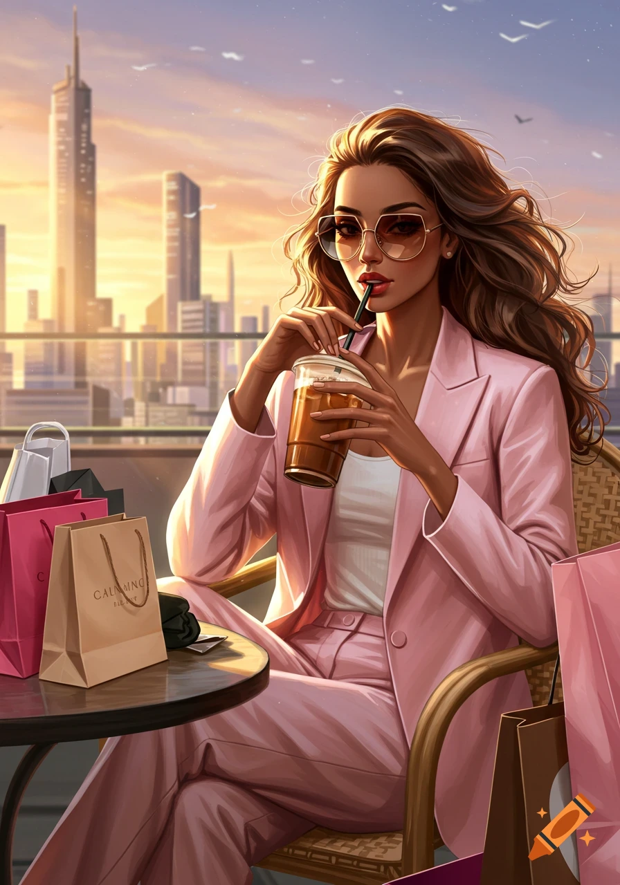 A stylish woman in a pink suit and sunglasses sips iced coffee at a rooftop cafe, surrounded by shopping bags with a city skyline in the background.