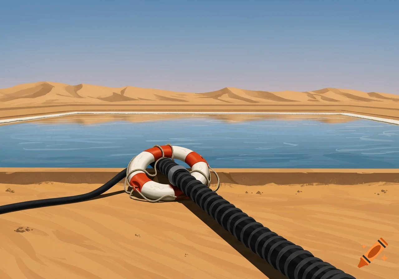 A black mining hose with a lifebuoy rests on the sand next to a large blue solar evaporation pond in a desert landscape with dunes.