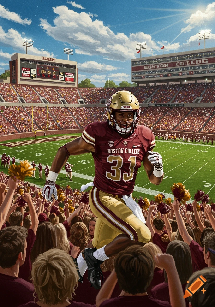 A dynamic shot of a football player in a maroon Boston College jersey and gold helmet, running through cheering fans on a sunny day at a packed football stadium.