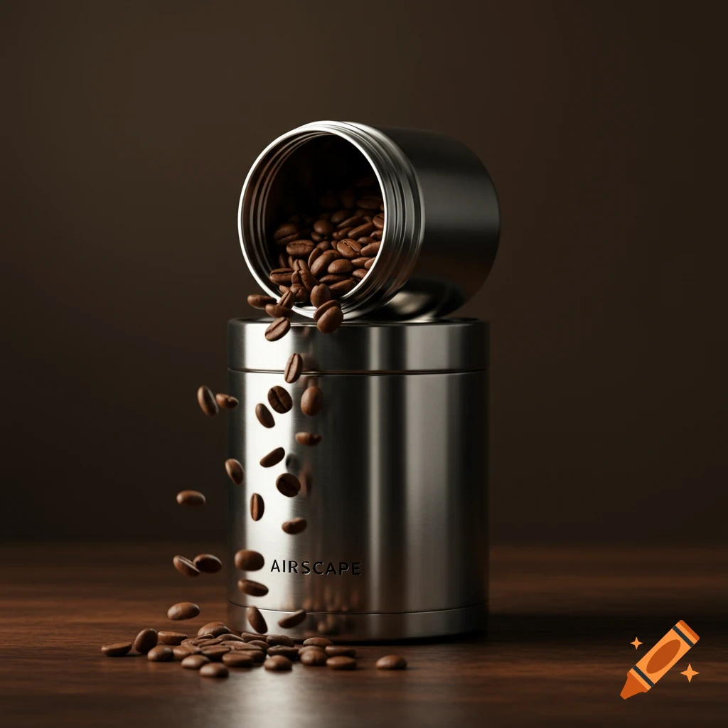 Coffee beans pouring from a silver Airscape canister onto a wooden surface in a photorealistic style.