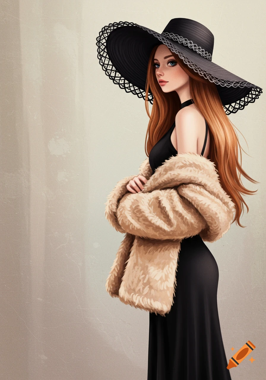 Stylized digital illustration of a young woman with long ginger hair, wearing a black dress, a beige fluffy coat, and a large black hat.