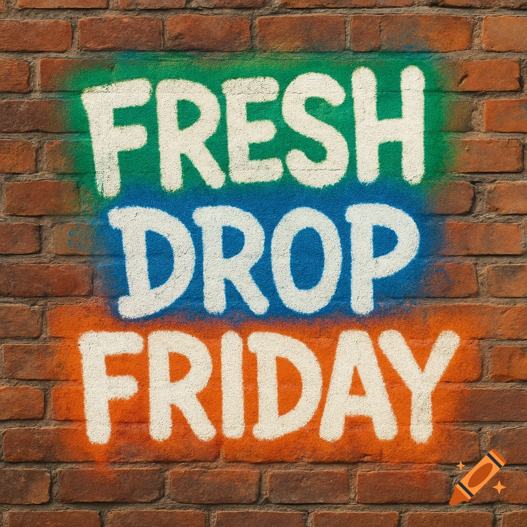 Graffiti on a brick wall spells out 'FRESH DROP FRIDAY' in white, green, blue, and orange spray paint.