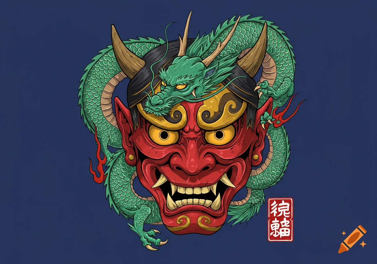 A stylized red Hannya mask with yellow eyes, horns, and sharp teeth, intertwined with a green dragon on a dark blue background.