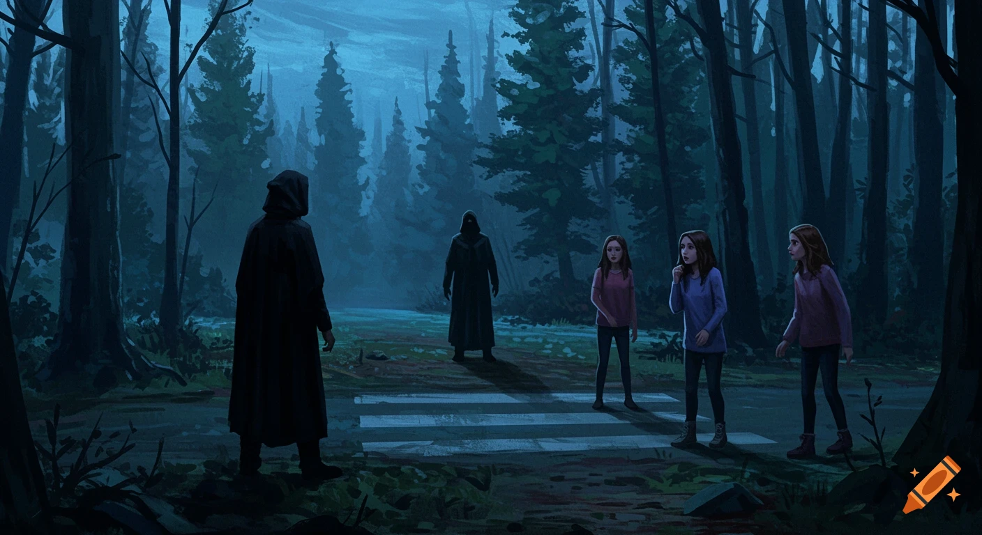 Two cloaked figures face two frightened girls on a crosswalk in a dark, twilight forest, in a suspenseful illustration.
