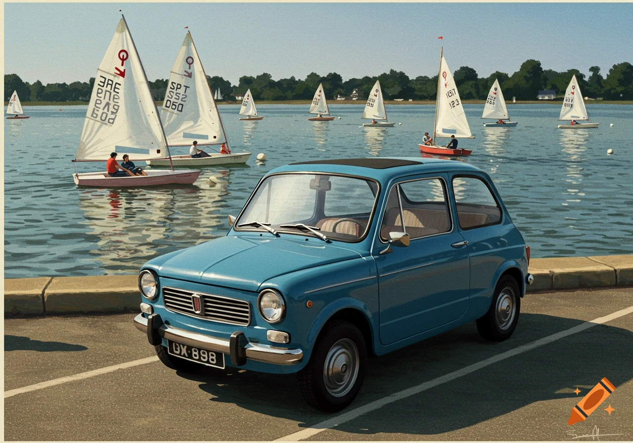 A blue 1970s Fiat 600 parked near a body of water with numerous white sailboats racing in the background under a clear sky.