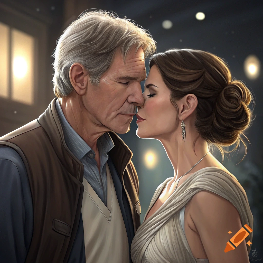 Digital art of Harrison Ford and Sandra Bullock leaning in for a kiss under soft lights at night.