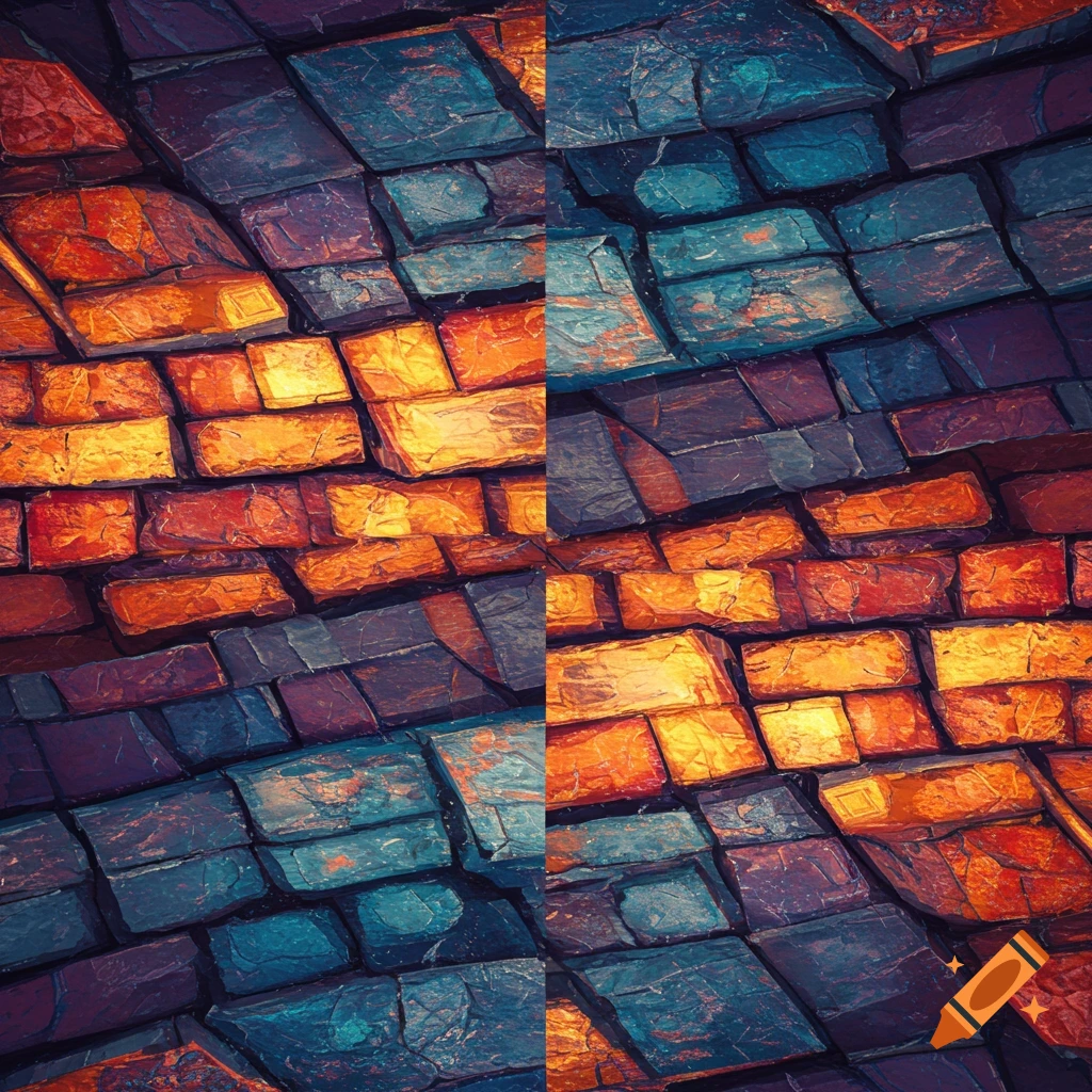 A vibrant fractal pattern of stone masonry blocks in warm oranges, reds, cool blues, and purples.