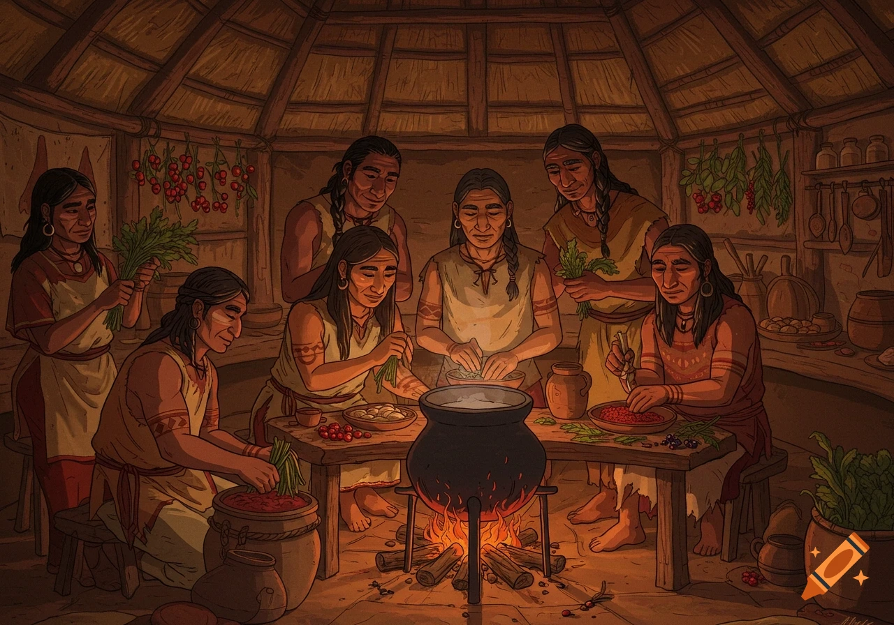 Group of Indigenous ancestors cooking together in a traditional hut, illustrated.