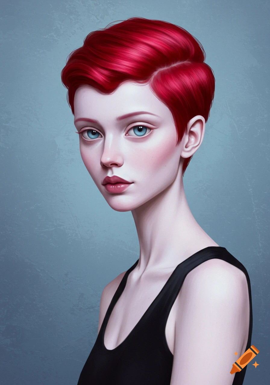 A stylized digital portrait of a very pale woman with short, bright red hair and blue eyes, wearing a black tank top, against a blue background.