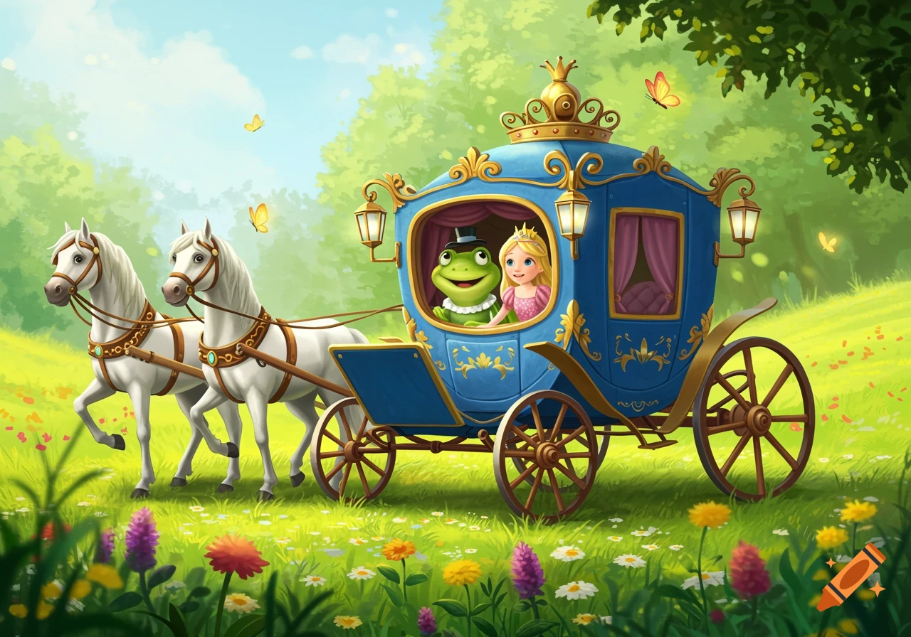 A cartoon princess and frog ride in a blue carriage pulled by two white horses through a sunny, green meadow.