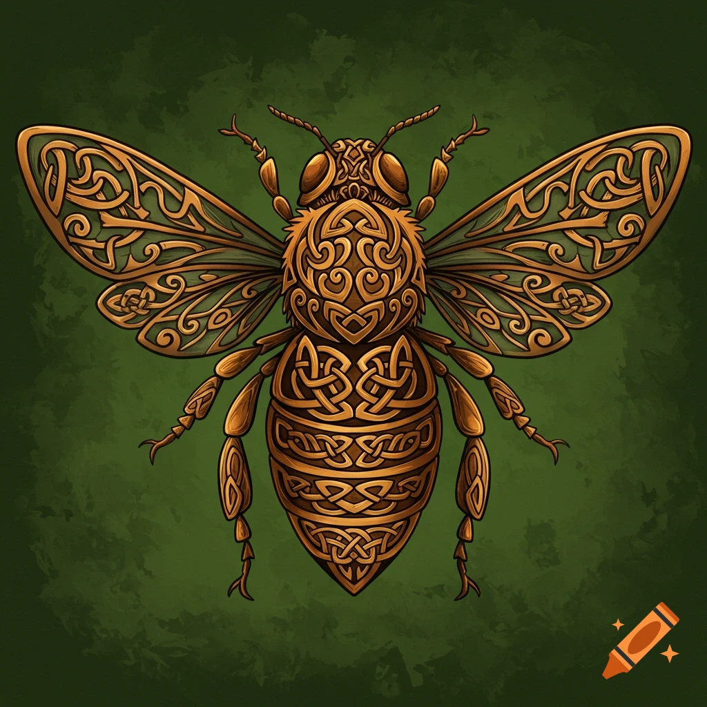 A stylized golden bee with intricate Celtic knotwork patterns on its body and wings, set against a dark green background.