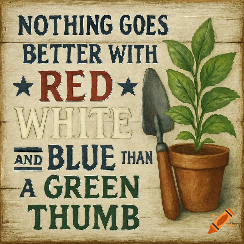 A patriotic-themed wooden sign with the phrase 'Nothing goes better with RED, WHITE, and BLUE than a green thumb,' next to a potted plant and a garden trowel.