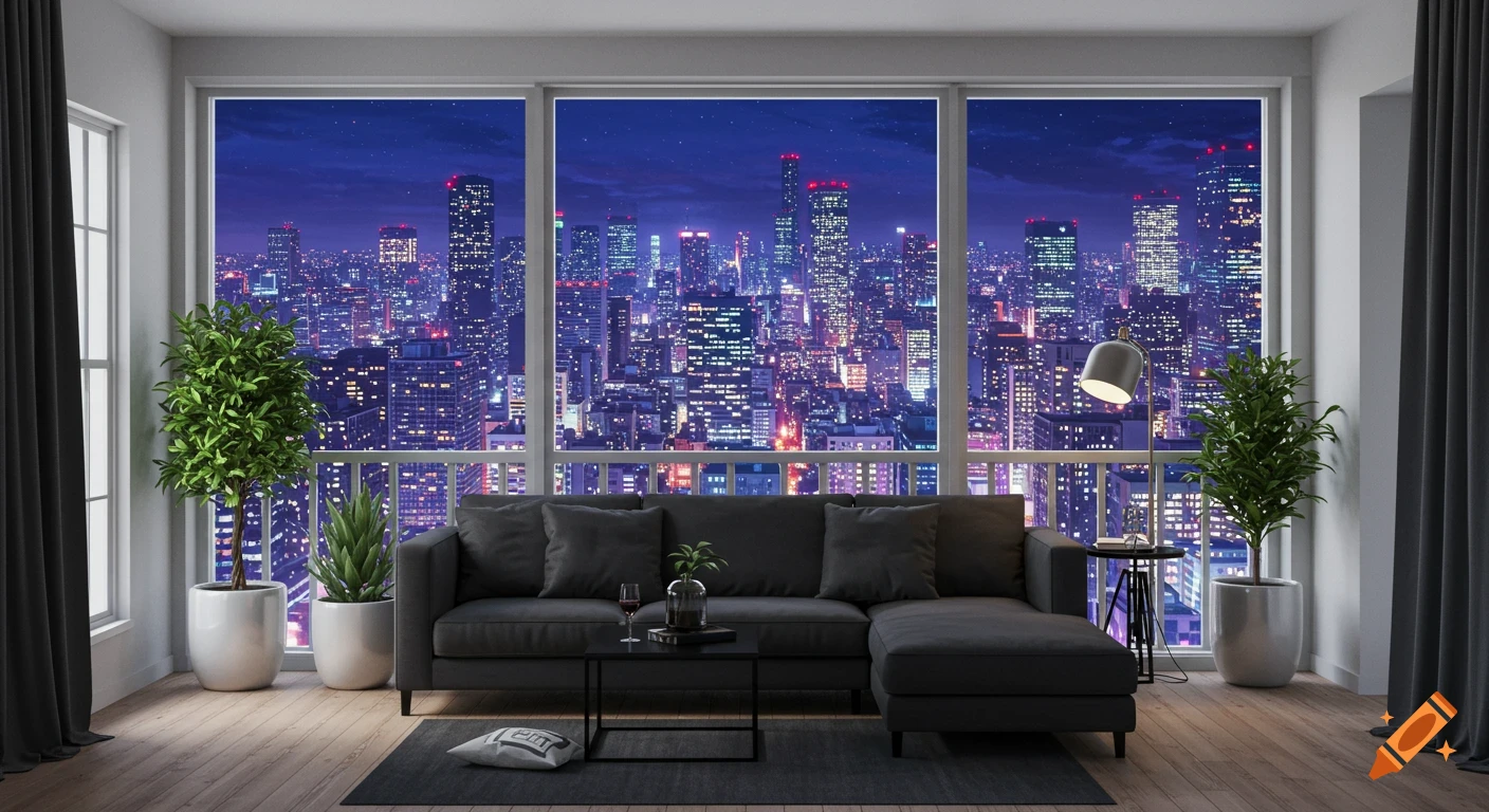 A modern apartment with black furniture and potted plants, overlooking a vibrant, anime-style cityscape at night through large windows.