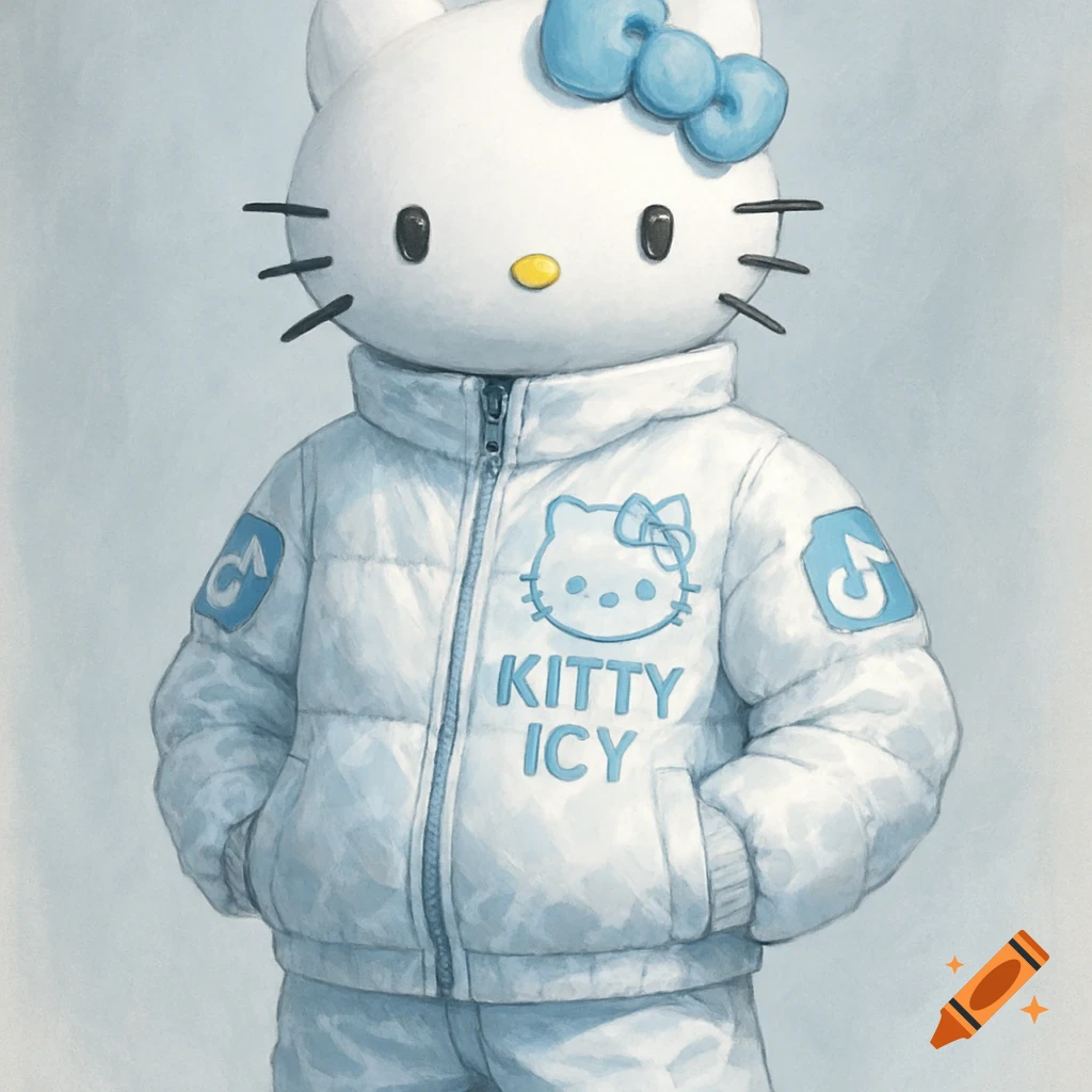 A Hello Kitty character wearing a white puffy jacket and pants. The jacket has a Hello Kitty logo and 'KITTY ICY' text in blue. There are blue icons on the shoulders.