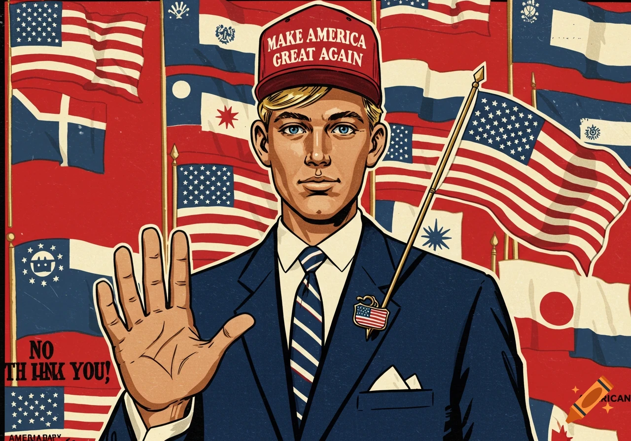 A blond man in a red "MAKE AMERICA GREAT AGAIN" hat and blue suit holds up his hand against a background of various flags, including American flags, in a 1960s propaganda poster style. Text at the bottom reads "NO TH HINK YOU!".