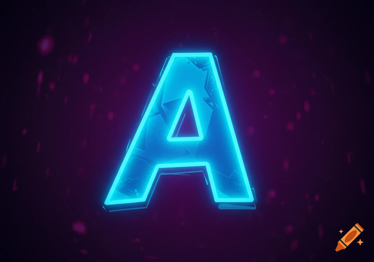 A glowing neon blue letter A against a dark purple background with small light particles.
