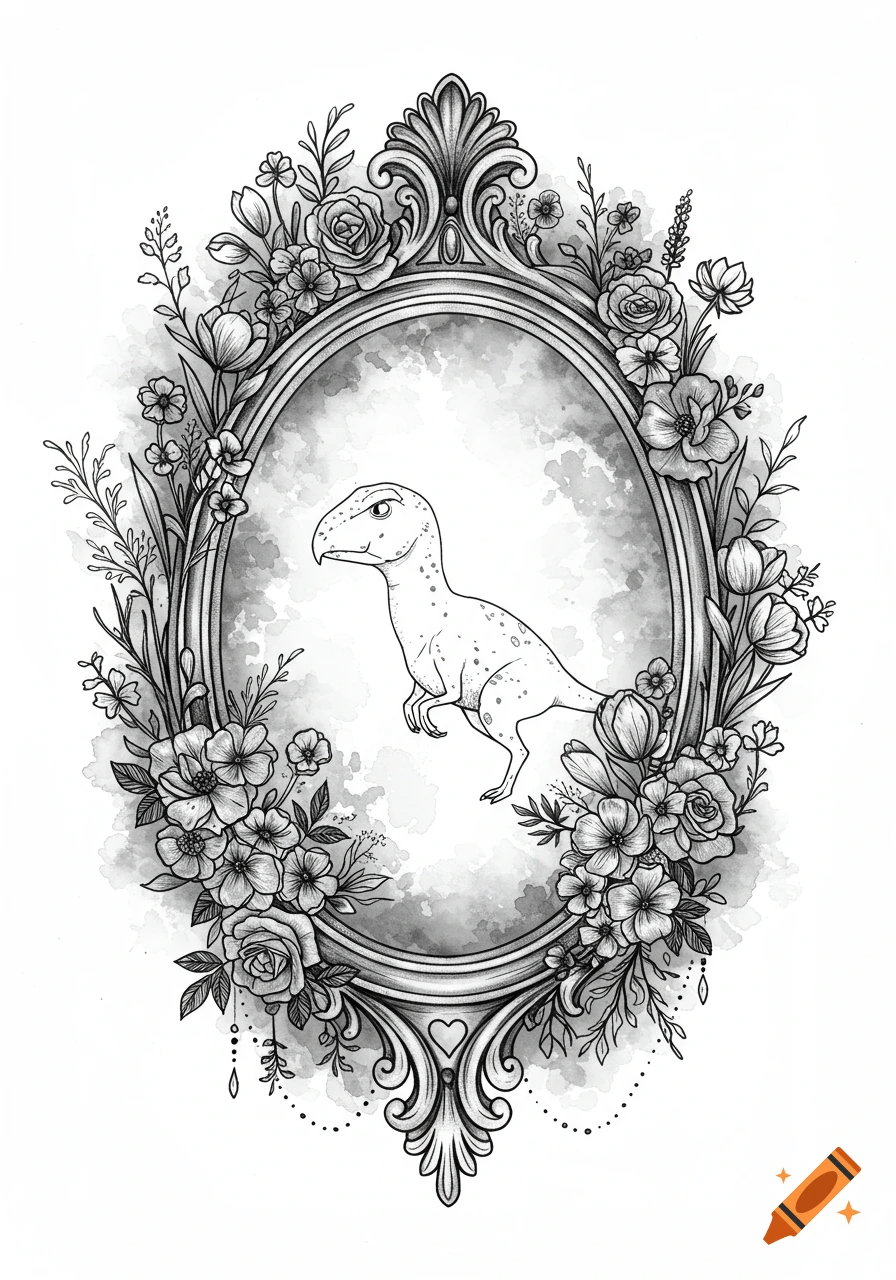 Black and white line art of a stylized dinosaur inside an ornate gothic floral frame with watercolor accents.