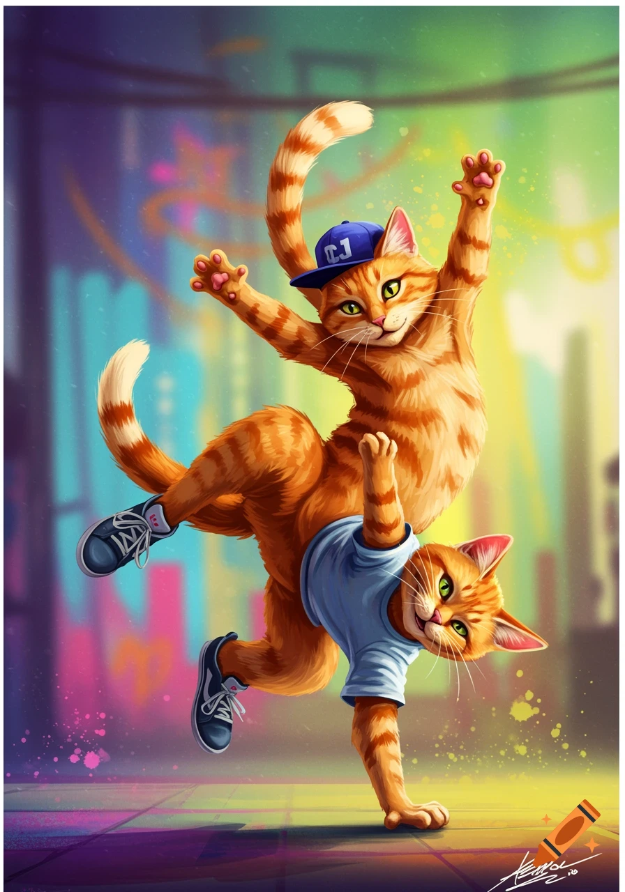 Two cartoon ginger cats breakdancing on an urban street at night with neon lights.