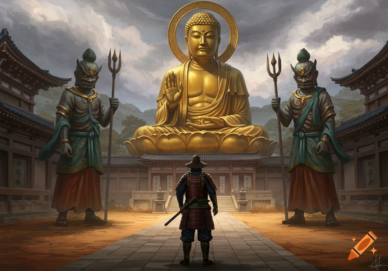 A proto-samurai stands before a giant golden Buddha statue flanked by guardian deities in a temple courtyard, digital art.