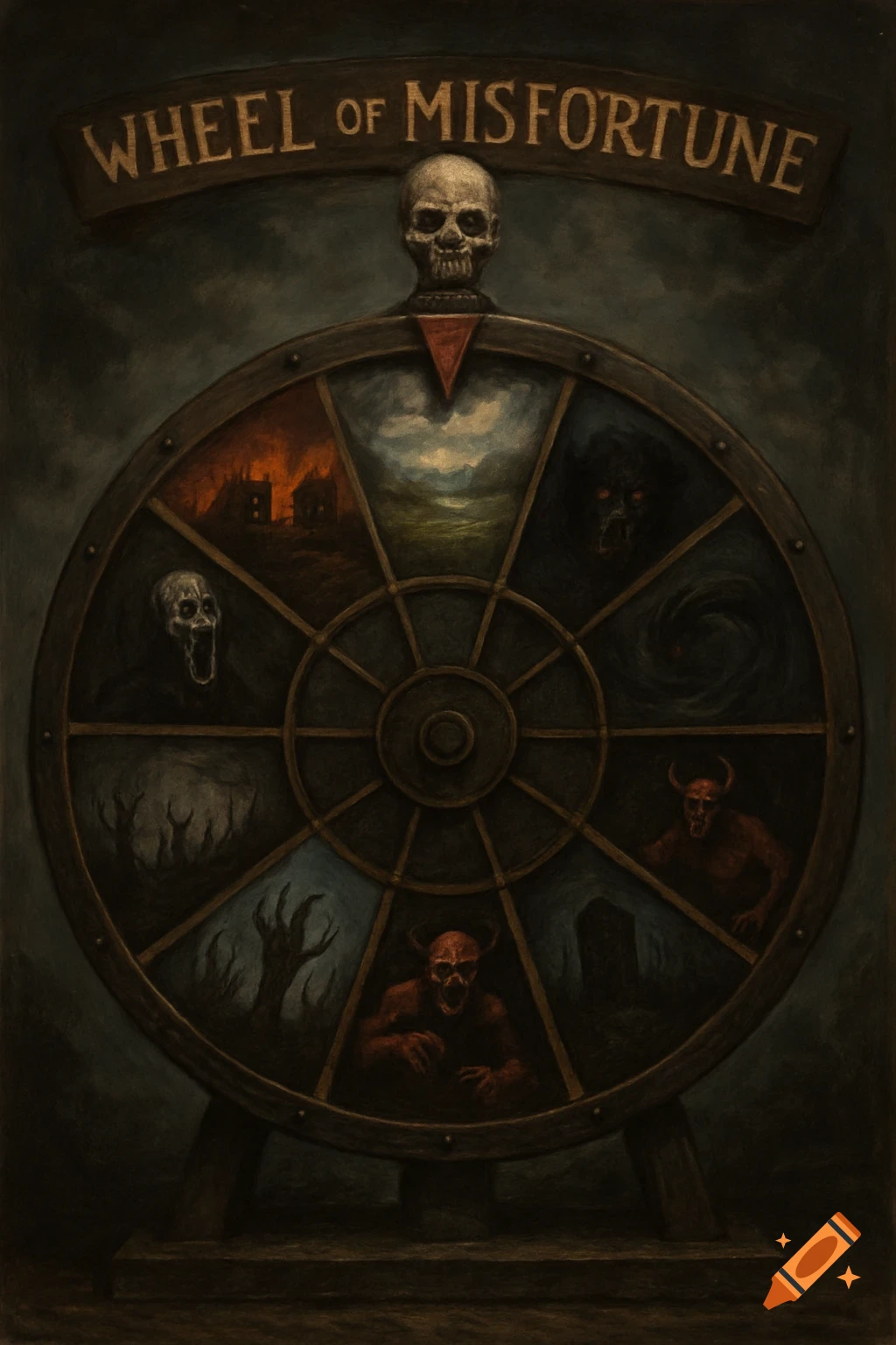 A dark, macabre painting of a 'Wheel of Misfortune' with a skull on top. The wheel's sections depict various ominous scenes including burning houses, screaming faces, monstrous figures, and creepy hands.