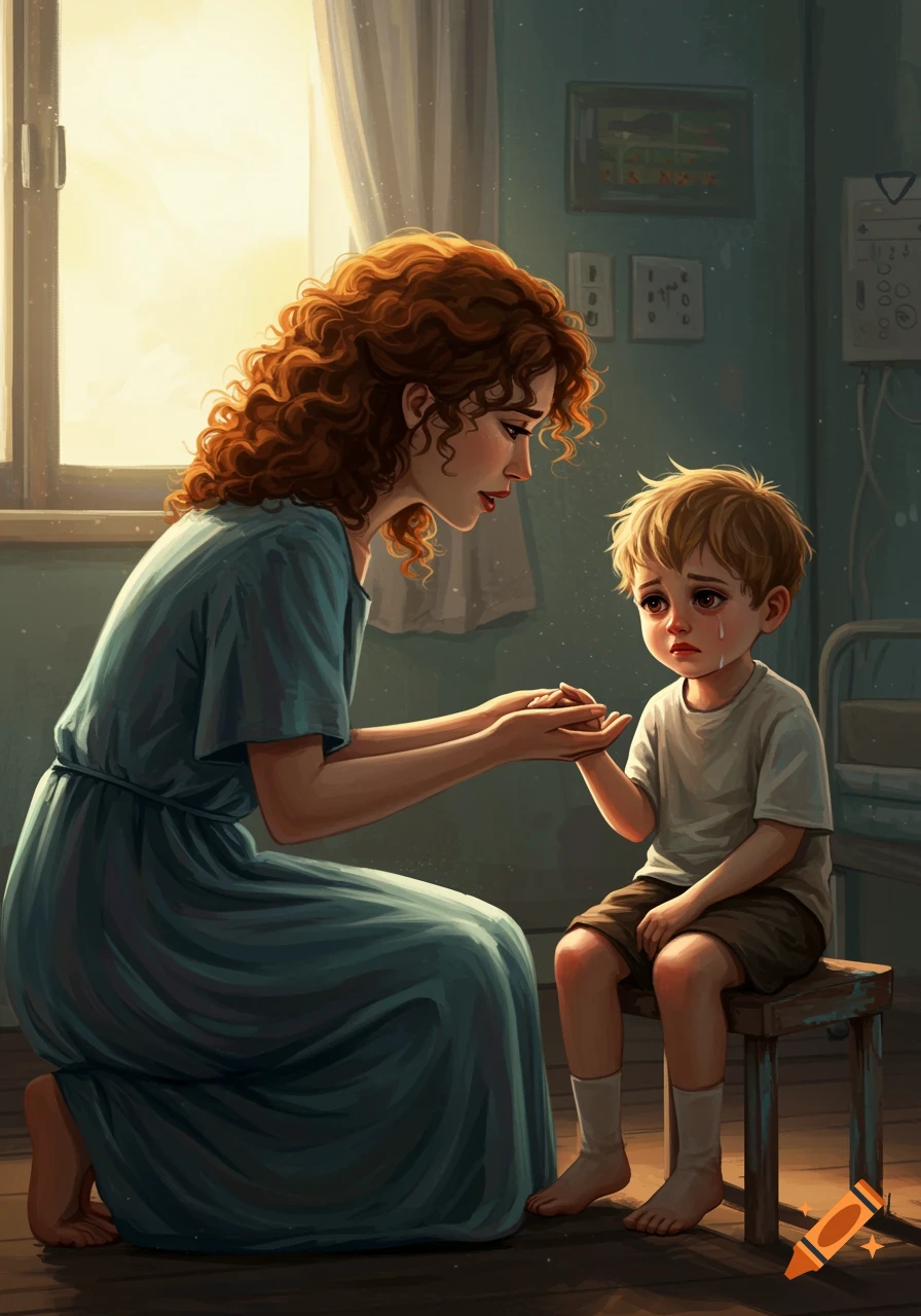 A woman with curly red hair comforts a crying boy sitting on a stool in a warm, intimate indoor scene.