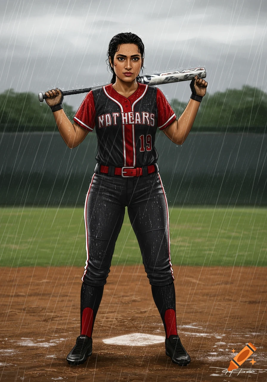 A female softball player in a black and red uniform stands on a baseball field in the rain, holding a bat over her shoulder.