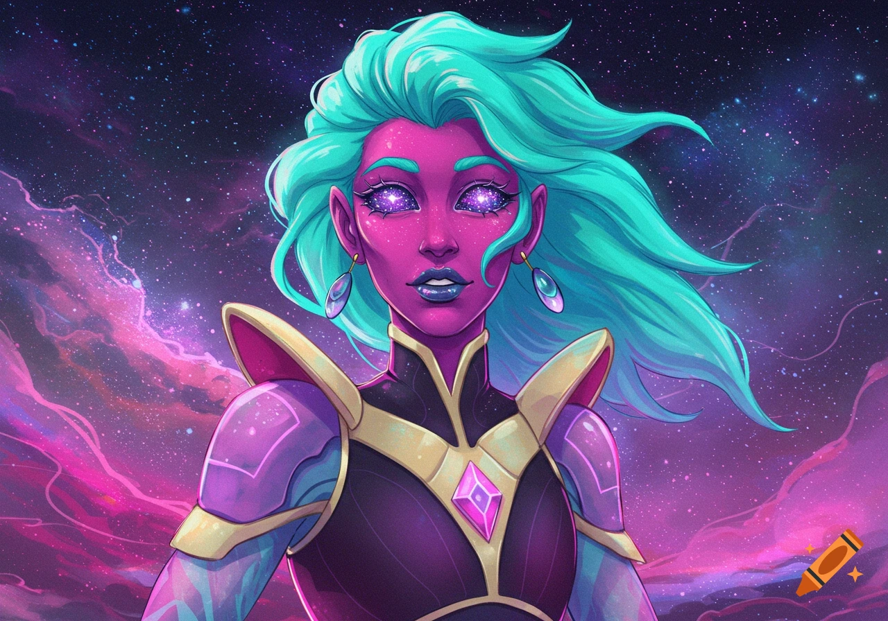 A vibrant, pink-skinned alien-like character with glowing purple eyes and turquoise hair, wearing futuristic armor, against a starry galaxy.