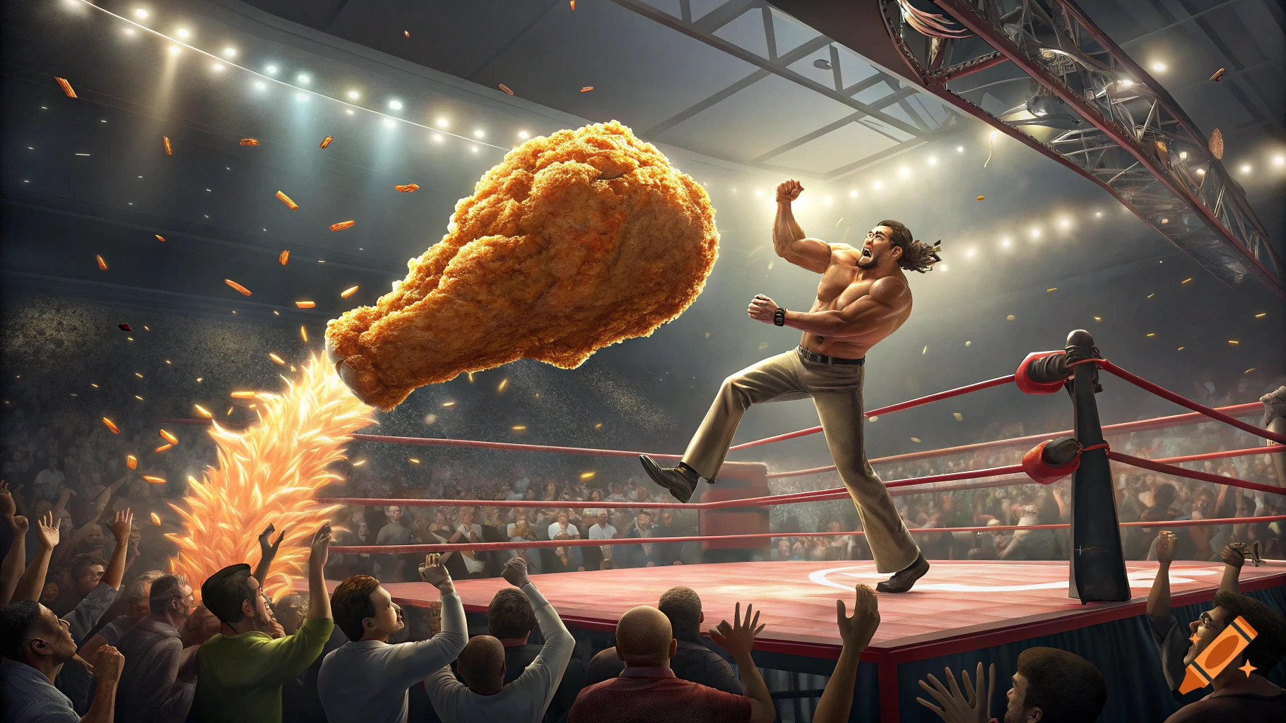 A muscular wrestler recoils from a massive, fiery fried chicken drumstick flying through a brightly lit WWE wrestling ring with a cheering crowd.