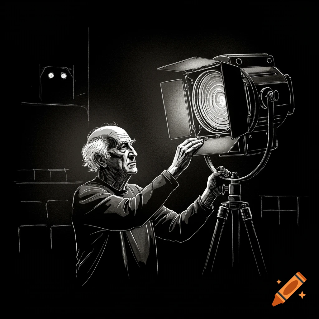 A black and white sketch of an old man adjusting a large theatre spotlight in the dark.
