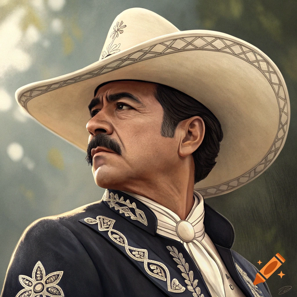 A close-up portrait of a man with a mustache wearing a white charro hat and an embroidered black charro suit, looking to the left.
