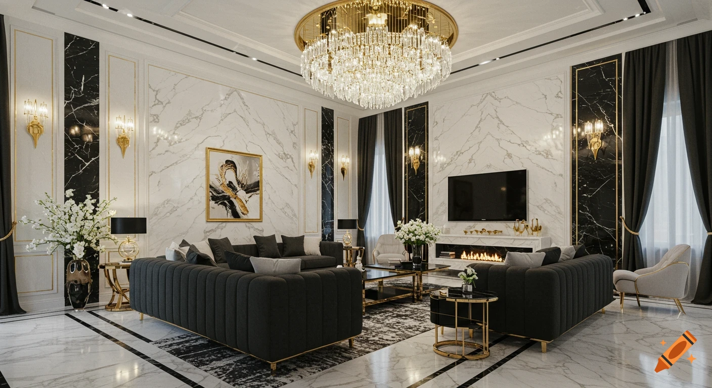 Spacious luxury living room with white and black marble walls, gold chandelier, black sofas, glass coffee table, and a fireplace.
