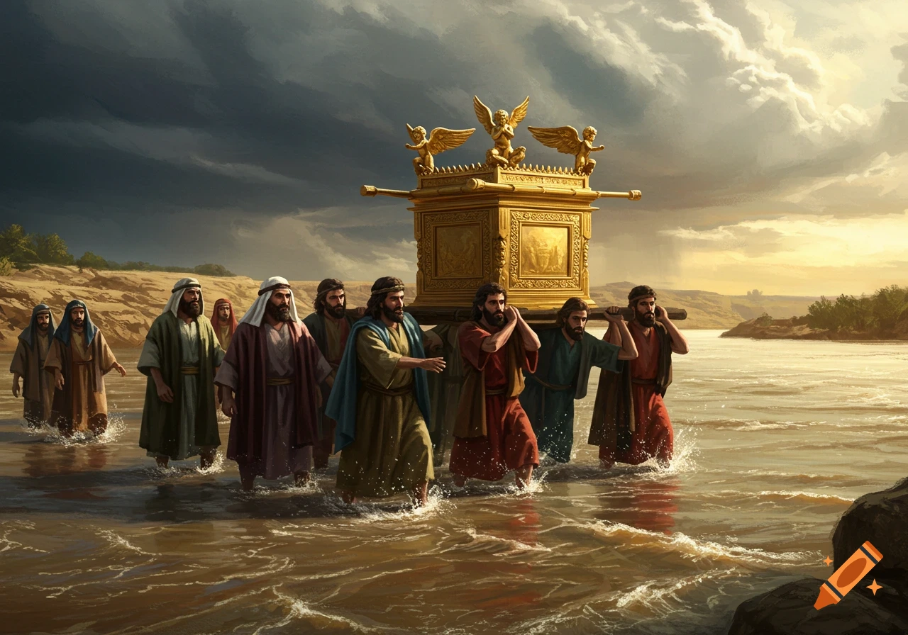 Biblical scene of Israelites carrying the golden Ark of the Covenant as they wade through a wide river under a dramatic sky.