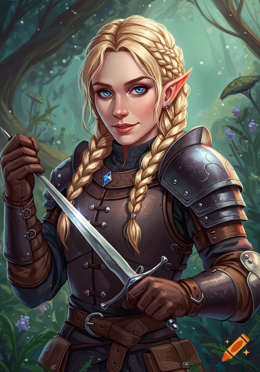 A digital illustration of a blonde female elf in armor with braided hair and blue eyes, holding a dagger in a forest.