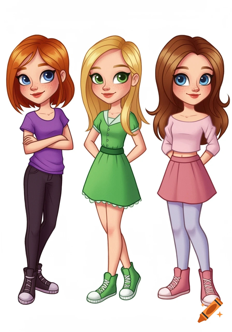Three young cartoon girls. Left has red hair, purple shirt; middle has blonde hair, green dress; right has brown hair, pink top and skirt.