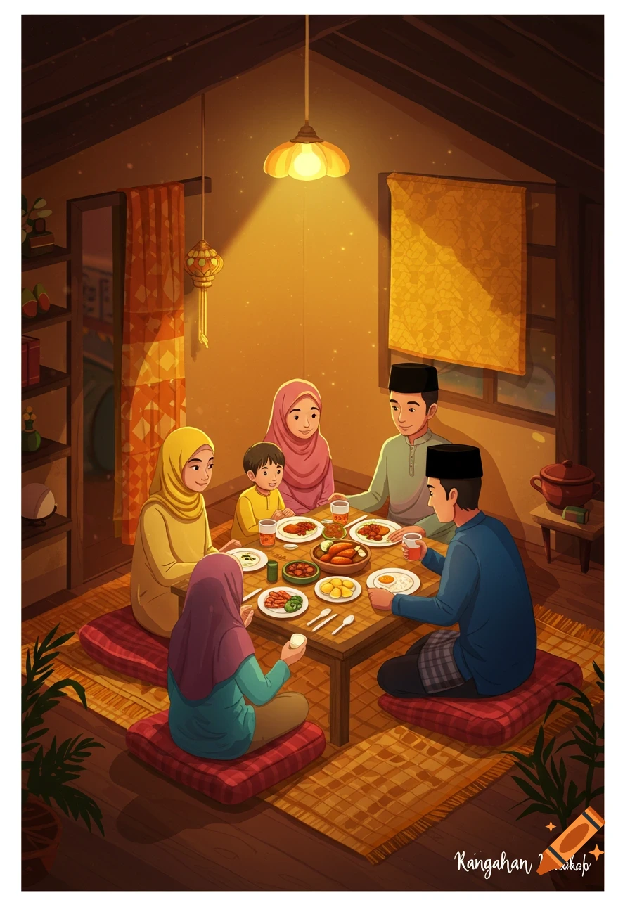 An illustration of a Muslim family having a meal together, sitting on the floor around a low table, illuminated by a warm lamp.