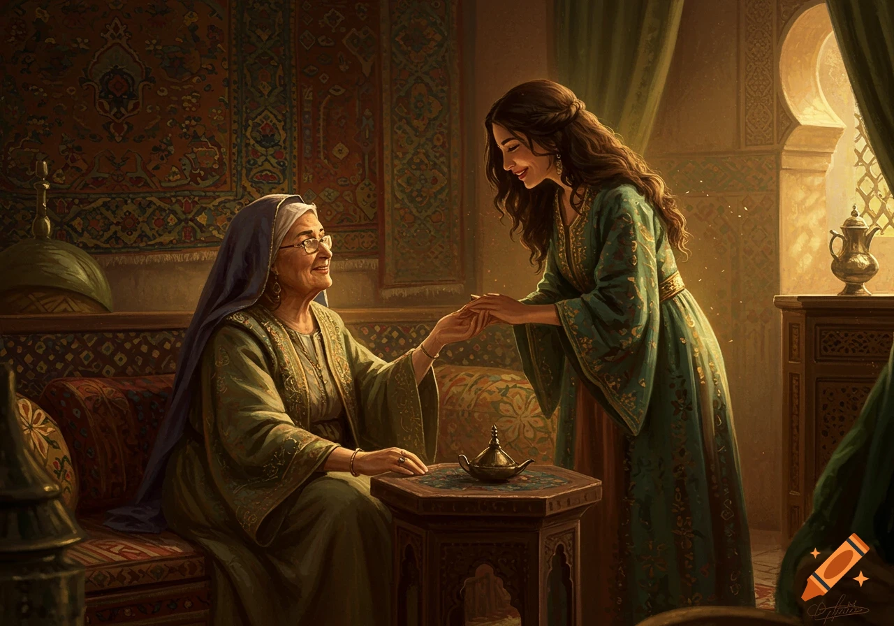 An older woman in a headscarf and a younger woman holding hands in a richly decorated Middle Eastern room, digital painting.