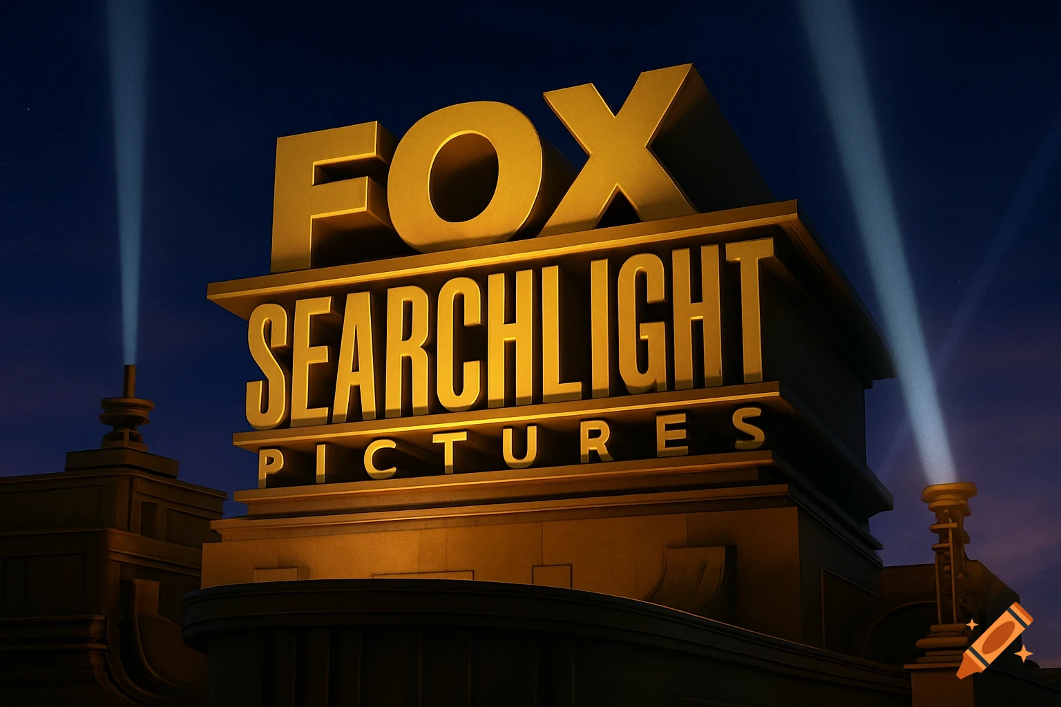 The golden Fox Searchlight Pictures logo illuminated by searchlights against a dark blue night sky.